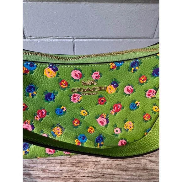 Coach Teri Shoulder Bag With Mini Vintage Rose Print Neon Green - Picture 2 of 10